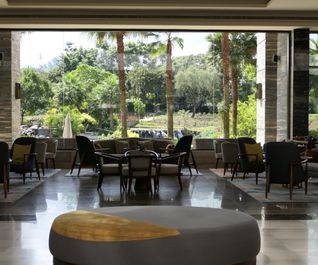 The lobby overlooks the pool area